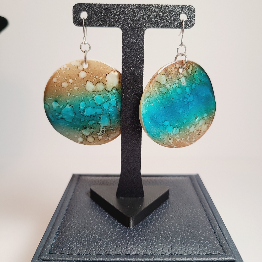 Large Round Shell Earrings with Ocean-Inspired Blue & Brown Abstract Design